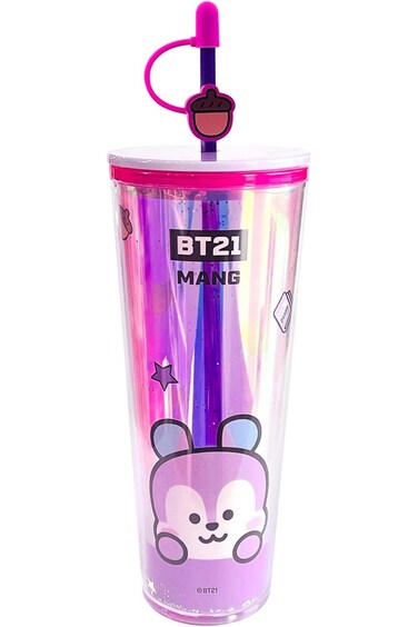 كوب بلاستيكي مزدوج الجدار مع شفاطة من مجموعة BT21 (800 مل) (MANG)