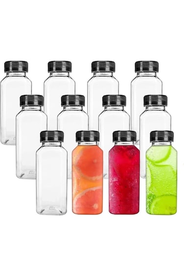 Plastic Juice Bottles 12 oz [ 330 ml ] with caps 12 pieces empty clear plastic bottles almost for K