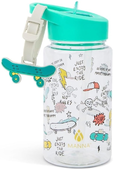 Manna Buddy Skateboard Themed Design Water Bottle with Strap Multicolor 15oz AC55357
