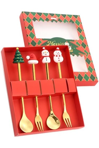 أدوات مائدة للأطفال برسومات كرتونية، ملعقة قهوة، شوكة حلوى، صندوق هدايا للعطلات، طقم من 4 أو 6 قطع. كيك أ