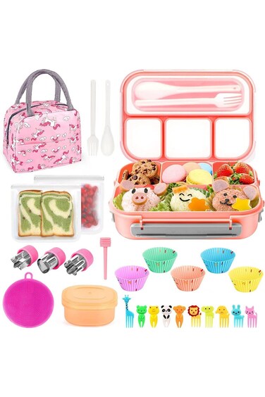 ALMEKAQUZ 27 PCs Bento Box Lunch Box Kit, Stackable 3-in-1 Compartment Japanese Lunch Box Set w/Sou