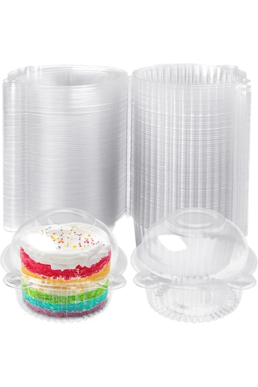 علبة كيك فردية من 100 قطعة، حاوية بلاستيكية شفافة للاستخدام مرة واحدة، حامل كيك