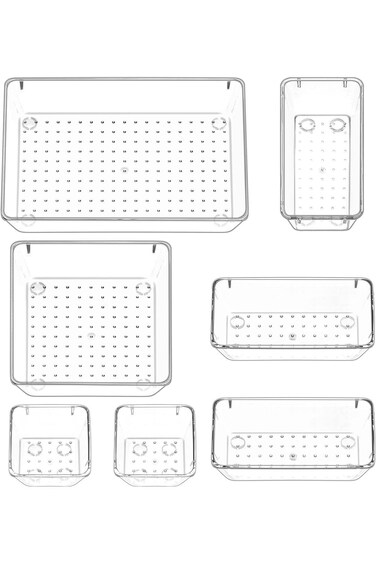 مجموعة منظمات أدراج المكتب من بيوريكون، 7 قطع، صناديق تخزين بلاستيكية شفافة، صينية أدراج الحمام، ديفي