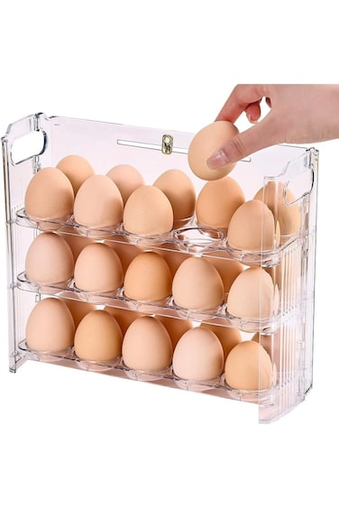 Foldable 3-Tier Egg Organizer for Fridge, Clear Plastic, Holds 30 Eggs, Space-Saving Egg Dispenser,