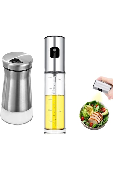 2pcs Oil Sprayer with Stainless Steel Lid &amp; Seasoning Bottle, 100ml Olive Oil Spritzer, Food-grade