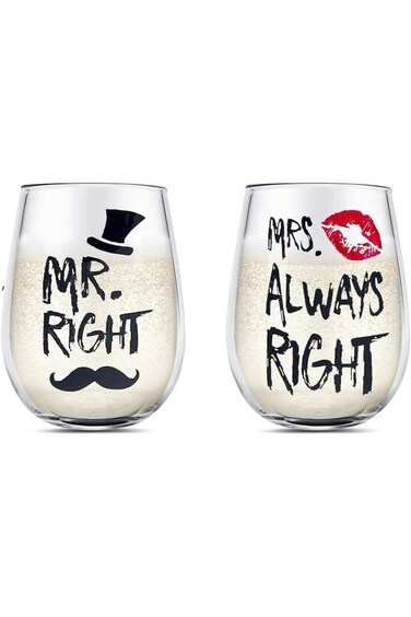 Couple Wine Glasses Set MR RIGHT and MRS ALWAYS RIGHT Crystal Stemless Wine Glass Gifts for Valenti