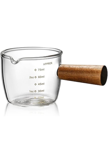 SWIUKPHE Single Spout Espresso Coffee Shot Glass with Wood Handle Measuring Cup Triple Pitcher Milk