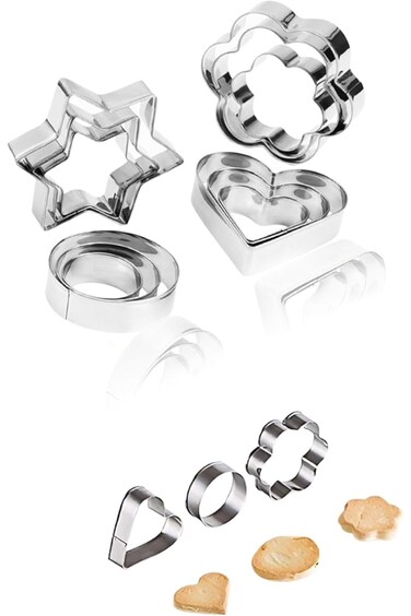 مجموعة قوالب البسكويت المصنوعة من الفولاذ المقاوم للصدأ من سويت سيفين - أشكال دائرية، وقلب، وزهرة، ونجمة - قوالب خبز
