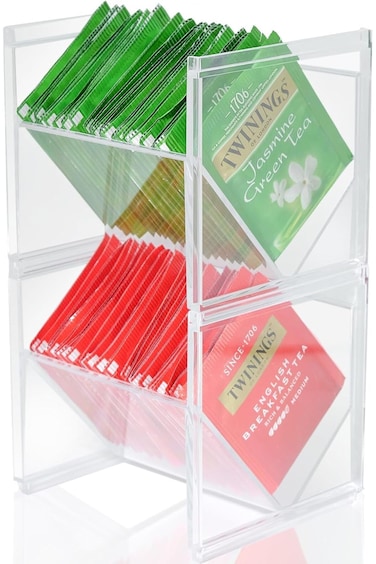 منظم تخزين أكياس الشاي من SYOSI، قطعتين، حامل شاي بلاستيكي شفاف قابل للتكديس وحاويات قرون القهوة.