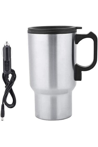 كوب تسخين كهربائي للسفر، 450 مل من الفولاذ المقاوم للصدأ - كوب تسخين للسيارة 12 فولت، كوب شاي وقهوة