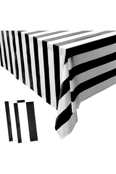 Beynant 2 Pieces Black and White Striped Tablecloth Plastic Stripe Table Cover Waterproof Rectangle