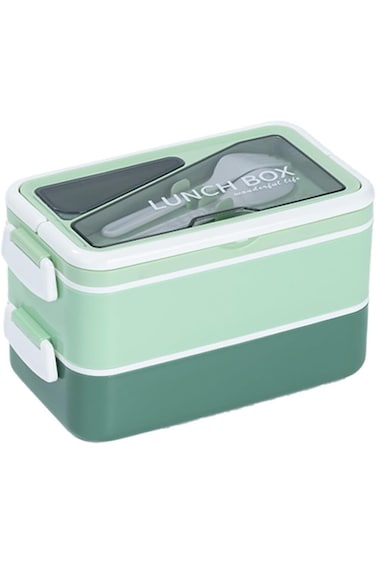 صندوق غداء مزدوج الطبقات من تازويق، صندوق بينتو مع شوكة وملعقة، وعاء طعام من الفولاذ المقاوم للصدأ للمكتب