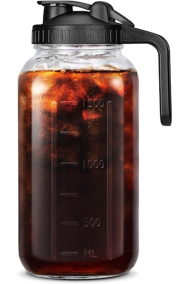 TRASSLE 2L Mason Jars with Lid, Glass Pitcher Double Leak Proof with Pour Spout Handle, 2 Quart Wid