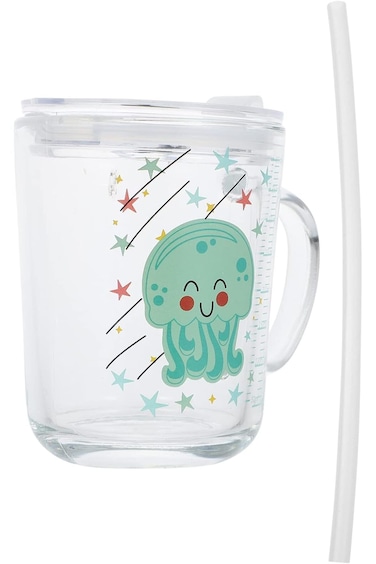 كوب حليب زجاجي لطيف من SAILOU مع غطاء من القش، بمقبض واحد، كوب قياس زجاجي للأطفال، 400