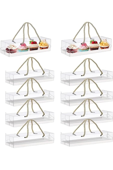 KASTWAVE 10-Pack Transparent Rectangular Cake Boxes with Handles, Plastic Bakery Containers for Bir