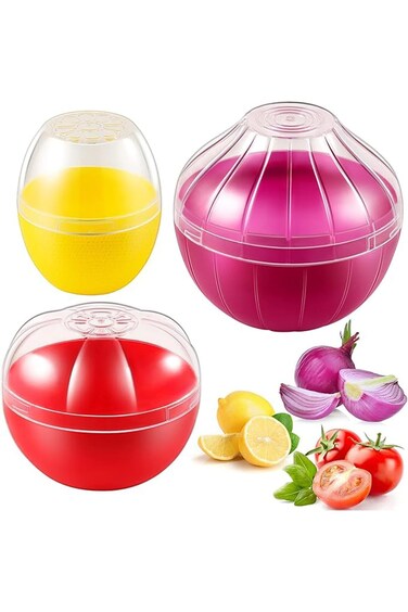 Tazweeq Vegetable and Fruit Storage Containers, 3 Pieces BPA Free Reusable Food Saver, Tomato, Lemo