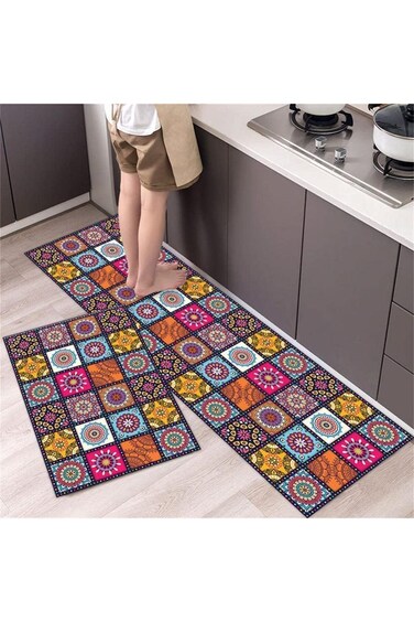 Kitchen Rugs 2 Piece Set, Anti-Fatigue Waterproof Non-Slip Colorful Kitchen Mat and Absorbent Runne