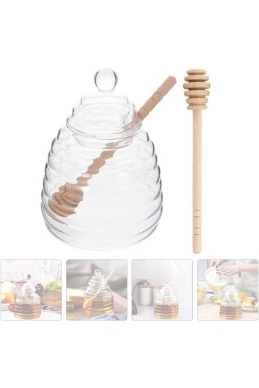 SYOSI Honey Pot with Dipper Extra Honey Dipper Stick Glass Honey Jar and Dipper Set Honey Jars with