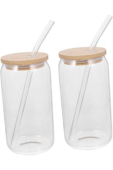 YARNOW 2 Sets Glass Can with Lids and Glass Straws, Can Shaped Drinking Glasses with Lids and Straw
