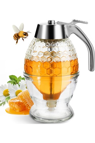 Honey Dispenser, Glass Honey Dispenser No Drip, Honey Pot with Stand, 8 oz Honey Jar, Maple Syrup H