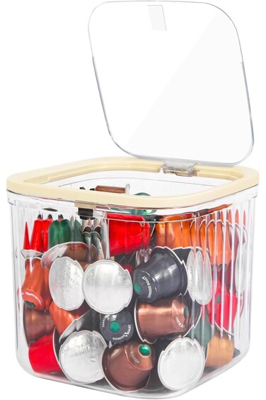 حامل كبسولات قهوة شفاف مع غطاء - مثالي لتنظيم طاولة المطبخ والخزانة والمخزن -