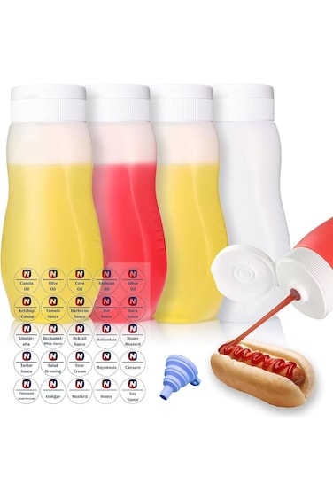 Tazweeq Condiment Squeeze Bottles, for Ketchup, Hot Sauce, Liquids Oil, with Caps, for Condensed Mi
