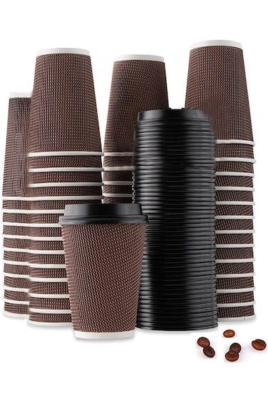 شايا 50 قطعة من أكواب القهوة المعزولة للاستخدام مرة واحدة، أكواب ورقية منقوشة حلزونية مع أغطية (