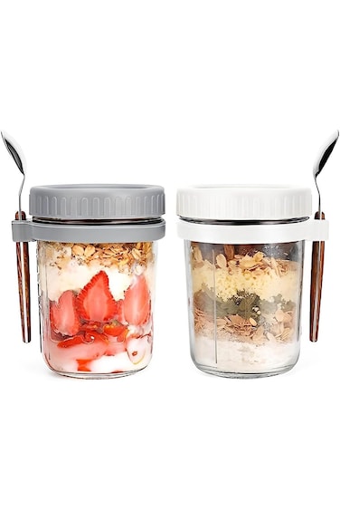 Tazweeq Overnight Oats Containers Set of 2, Overnight Oats Jars with Lid and Spoon, 350ML Large Cap