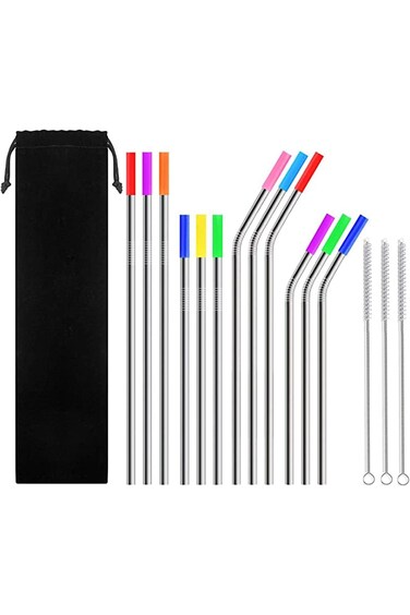 SLGOL 12-Pack Reusable Stainless Steel Metal Straws with Silicone Tips, Long Drinking Straws for Rt