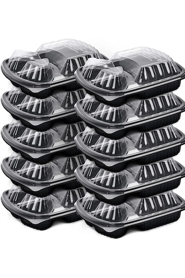 عبوة من ٥ قطع من الصقر، ٣ أقسام، قاعدة سوداء، مع أغطية، لتخزين الطعام   حاوية طعام للاستخدام مرة واحدة