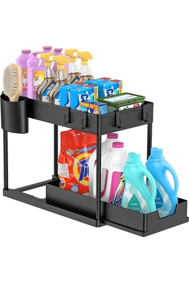Under Sliding Cabinet Basket Organizer, 2 Tier Under Sink Organizers with 1 Hanging Cup &amp; 4 hooks,