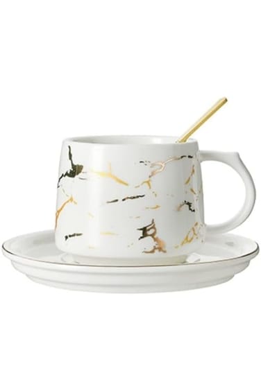 Miniso Marble Ceramic Coffee Mug with Coaster and Spoon, 215 ml Capacity, White