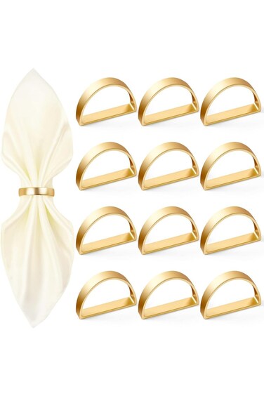مجموعة حلقات مناديل ذهبية من ALMEKAQUZ مكونة من 12 حلقة، مع مشابك معدنية نصف دائرية لتزيين طاولة العشاء، لحفلات الزفاف