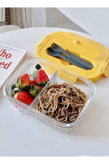 MOTIM Glass Food Storage Containers 2 Compartment Lunch Box BPA-Free Sandwich and Salad Bento Box M