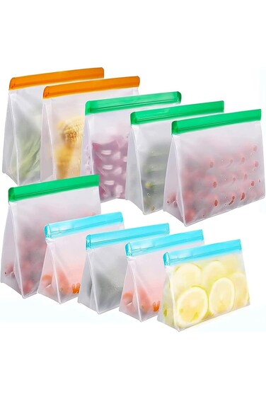 Reusable Food Storage Bags Set,Stand Up Reusable Storage Bags for Food Leakproof, 10 Pack, 2 Gallon