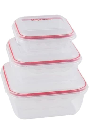 Betty Crocker 3 Piece Square Storage Container Set,Transparent &amp; Red, 650/1500/2800Ml,BC5024