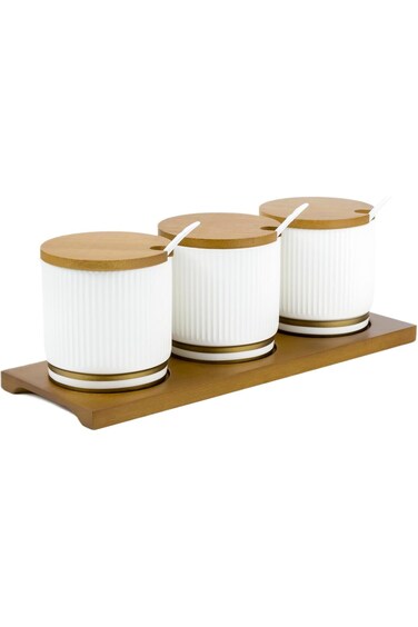 طقم توابل من البورسلين العظمي الضحل نيو فيردي بثلاث حجرات مع صينية من الخيزران - طاولة أنيقة