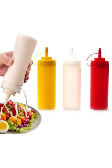 Oasisgalore 3 Pcs Plastic Squeeze Sauce Bottles with Nozzle Caps, Reusable Squeeze Condiment Bottle