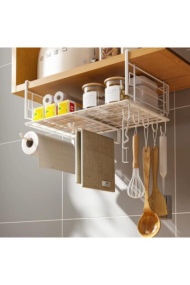 NOAEOU Under Shelf Baskets with Paper Towel Holder and 5 Hooks, Household Under Shelf Hanging Baske