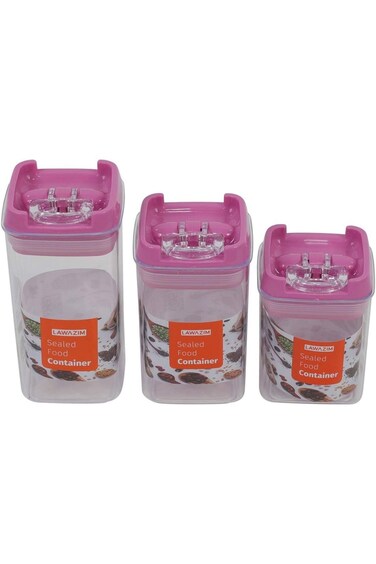 Lawazim Food Container Set - 3 Piece S-M-L Clear/Pink - Transparent BPA-Free Plastic Jars with Lids