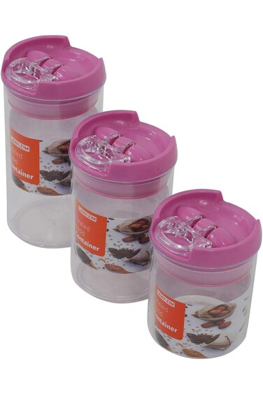 Lawazim Sealed Food Container- 3 Piece S-M-L Round Pink - Transparent BPA-Free Plastic Jars with Li