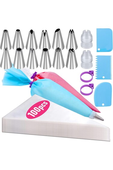 مجموعة أكياس التزيين وأطرافها، 100 كيس معجنات مقاس 12 بوصة، أكياس تزيين الكيك للاستخدام مرة واحدة