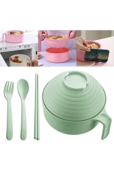 ALMEKAQUZ Microwave Ramen Bowl Set With Chopsticks for Home, Office, College Dorm Room (Green)