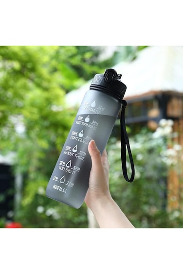 Water Bottle 1L / 32oz with Motivational Time Marker Straw Strainer Tritan Plastic BPA Free Sport W