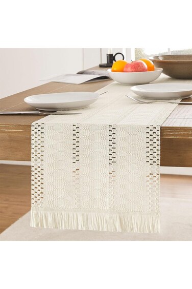 YelaJoy Macrame Style Table Runner with Short Tassels, 12x90 Inch Ivory, Farmhouse Table Runners 90