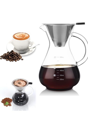 ماكينة تحضير القهوة أزوني بور أوفر، إبريق زجاجي بوروسيليكات بدون ورق، 600 مل مع ستانلس ستيل قابل لإعادة الاستخدام