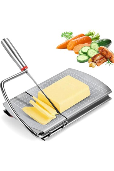 ALMEKAQUZ Cheese Slicer Cutter, Stainless Steel Cheese Cutter Board, Multipurpose Slicer with Blade