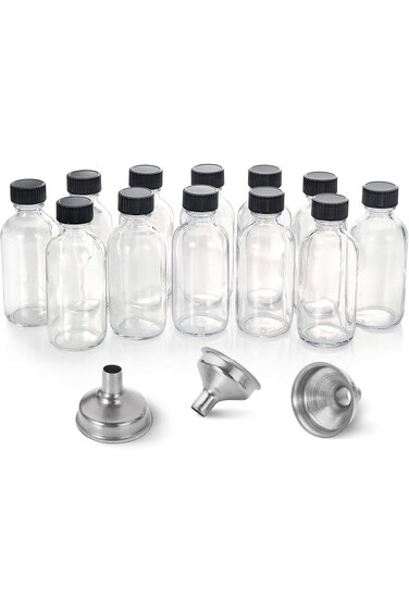 AOZITA ١٢ زجاجة صغيرة شفافة سعة ٢ أونصة (٦٠ مل) مع أغطية و٦ قمع من الفولاذ المقاوم للصدأ - بوسطن رو