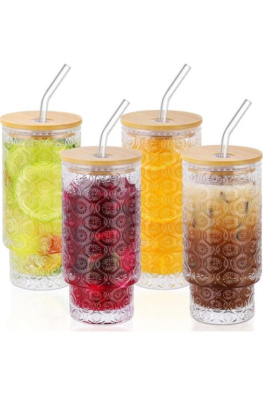 NALACAL Drinking Glass Cups with Bamboo Lid and Straw,Vintage Stackable Highball Water Cup, Skinny