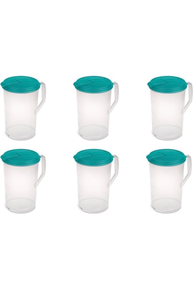Sterilite 1 Gal. Round Pitcher Plastic Water Container, Blue Atoll, 6 Pack
